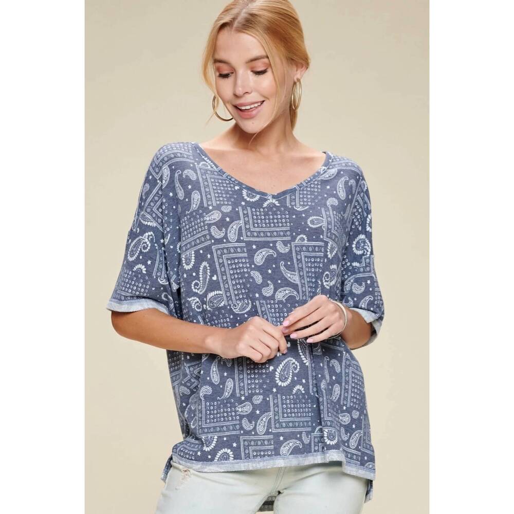 NEW ODDI paisley printed french terry knit western top in dark navy